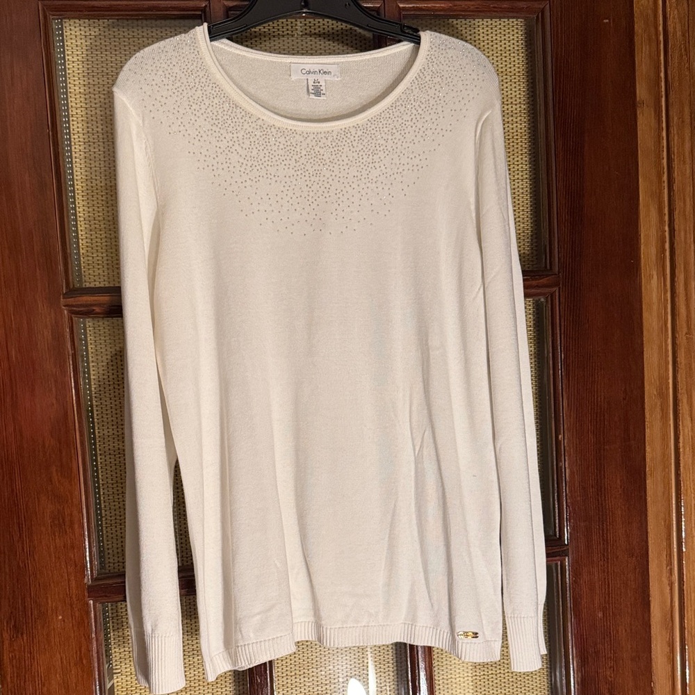 Calvin Klein Ivory Long Sleeve Top with Studded Detail - Picture 1 of 5